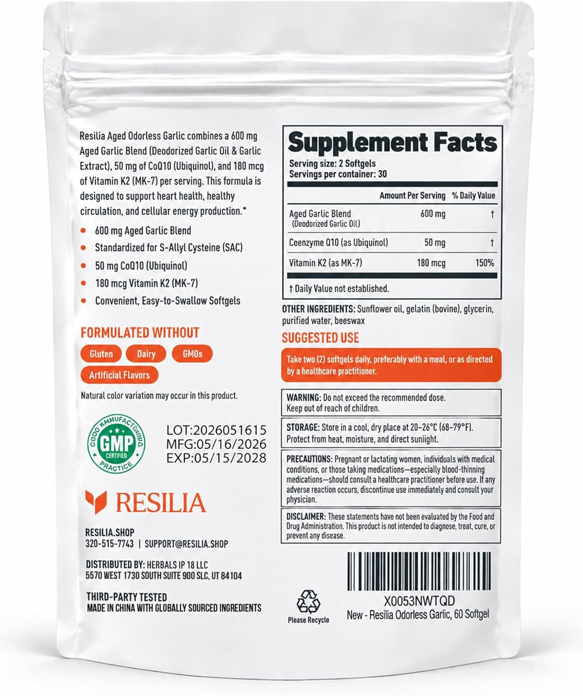 Supplement Facts panel for the odorless aged garlic softgels