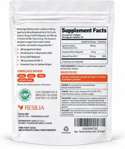 Supplement Facts panel for the odorless aged garlic softgels
