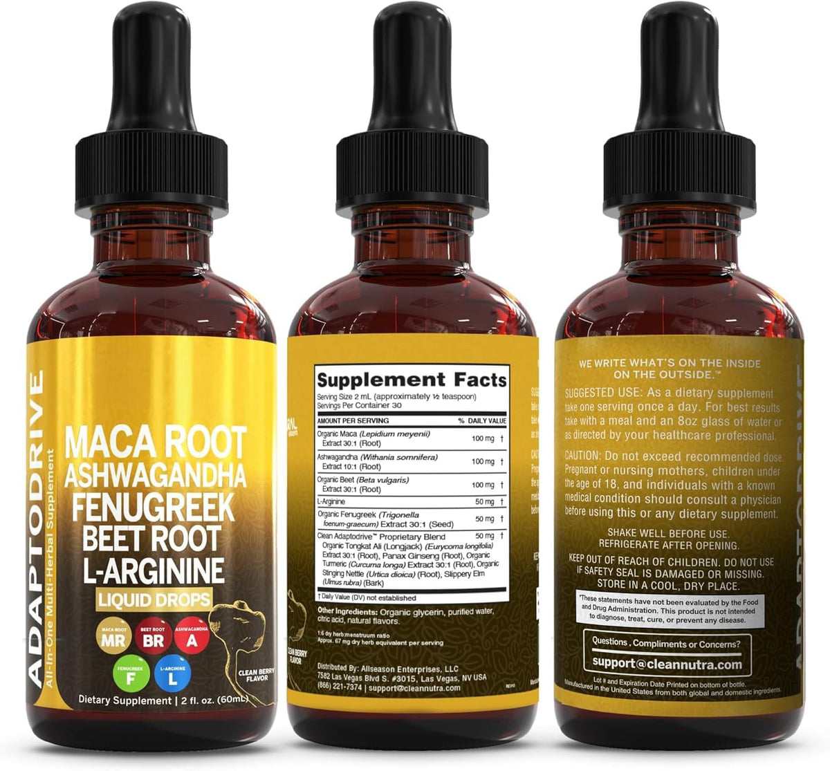 Clean Nutra Organic Maca Root Liquid Drops with Ashwagandha, Fenugreek, Beet Root and L-Arginine Liquid Multivitamin for Women and Men - Adapto Drive