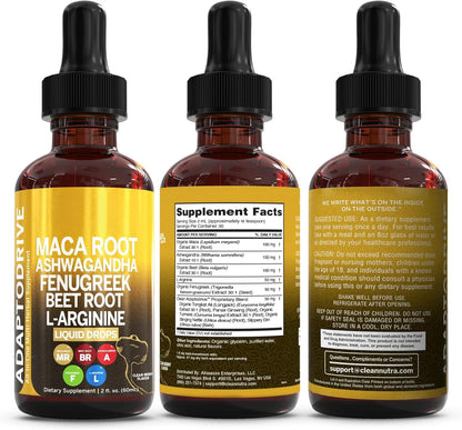 Clean Nutra Organic Maca Root Liquid Drops with Ashwagandha, Fenugreek, Beet Root and L-Arginine Liquid Multivitamin for Women and Men - Adapto Drive