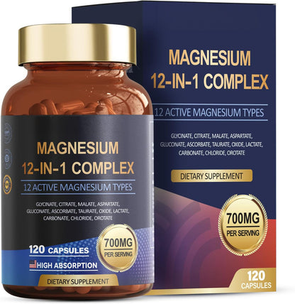 Totaria Magnesium Complex 700mg 12 in 1 Magnesium Supplement with Glycinate Citrate Malate Oxide Taurate Aspartate Orotate Magnesium Relaxation,Muscle,Heart Support, Vegan 120 Capsules