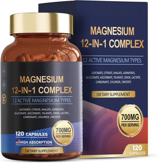 Totaria Magnesium Complex 700mg 12 in 1 Magnesium Supplement with Glycinate Citrate Malate Oxide Taurate Aspartate Orotate Magnesium Relaxation,Muscle,Heart Support, Vegan 120 Capsules