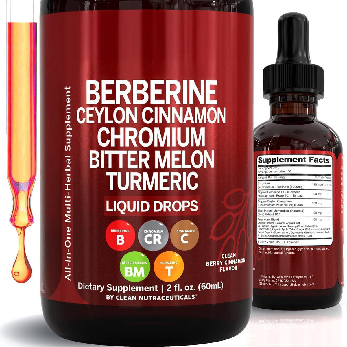 Berberine with Ceylon cinnamon liquid drops bottle and carton, 2 fl oz