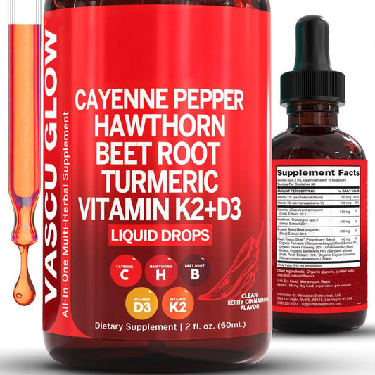 Clean Nutra Cayenne Pepper Drops Supplement Liquid + Hawthorn Berry, Vitamin D3 K2 Beet Root Powder, Ceylon Cinnamon, Turmeric Curcumin, Organic Panax Ginseng, Berberine Extract 1 Pack