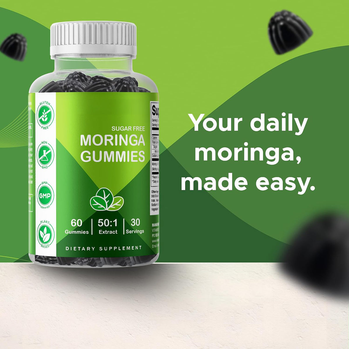 Vitamatic Moringa Gummies – Sugar-Free Botanical Extract – Green Superfood Supplement – Vegan, Pectin-Based, Non-GMO – Plant-Based Gummies – 60 Count