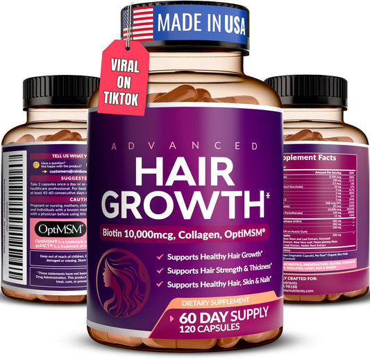 Hair Growth Vitamins for Women | Biotin 10,000mcg, Collagen, Patented OptiMSM®, goMCT®, Saw Palmetto | Naturally Supports Stronger & Healthier Hair, Skin and Nails |Non GMO + Made in USA|60 Day Supply