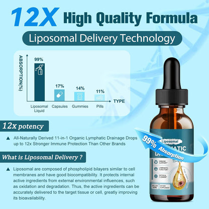 Liposomal Lymphatic Drainage Drops - 11 In 1 Organic Lymphatic Drainage Supplement with Burdock Root, Echinacea, Elderberry, Calendula, Cleavers Herb, Dandelion Supports Lymphatic Health 2 FL.OZ