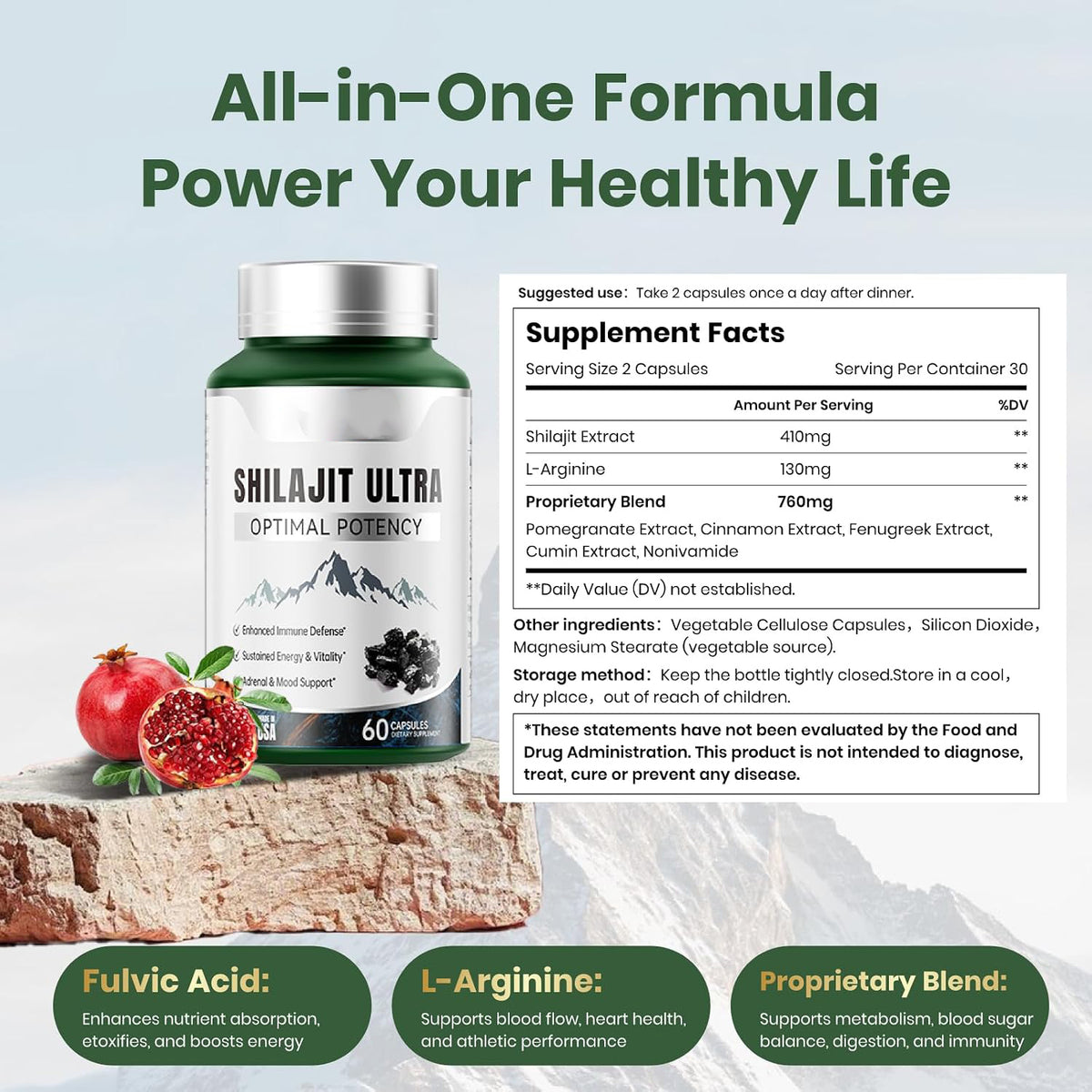 Shilajit for Men Women, Shilajit with Naturally Fulvic Acid & L-Arginine, Himalayan Shilajits for Extra Power, Stamina & Immune Support, Non-GMO, Made in USA, 60 Capsules, 1,300mg Per Serving