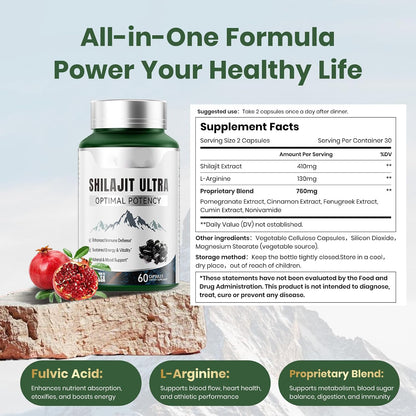 Shilajit for Men Women, Shilajit with Naturally Fulvic Acid & L-Arginine, Himalayan Shilajits for Extra Power, Stamina & Immune Support, Non-GMO, Made in USA, 60 Capsules, 1,300mg Per Serving
