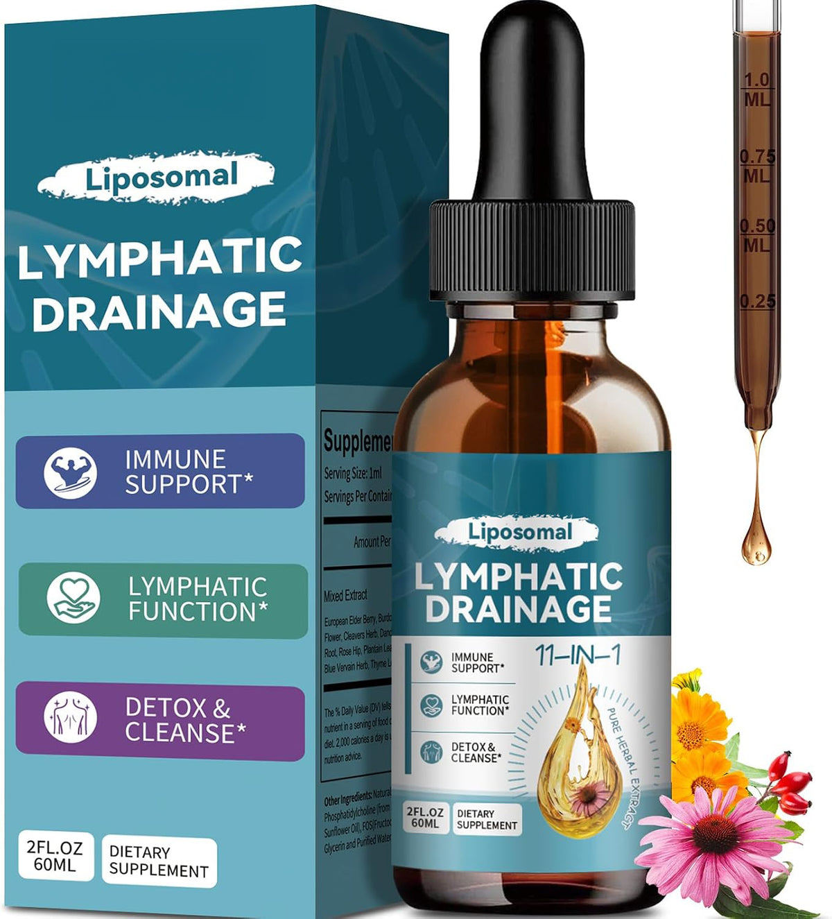 Liposomal Lymphatic Drainage Drops - 11 In 1 Organic Lymphatic Drainage Supplement with Burdock Root, Echinacea, Elderberry, Calendula, Cleavers Herb, Dandelion Supports Lymphatic Health 2 FL.OZ