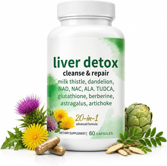 Milk Thistle Liver Detox Cleanse & Repair Supplement, 20-in-1 Complex with Dandelion, TUDCA, NAC, NAD, Artichoke, Berberine & Glutathione | Herbal Liver Support Capsules, 60 Count