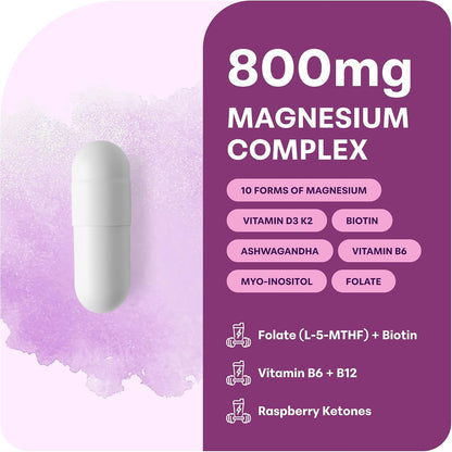 Graphic showing 800mg magnesium complex across 10 forms
