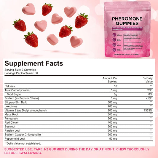 Pheromone Gummies for Women, Plant-Based Wellness Supplement with Maca Root, Fenugreek & Red Clover, Confidence Support Gummies, Vegan Strawberry Flavor, 60 Gummies