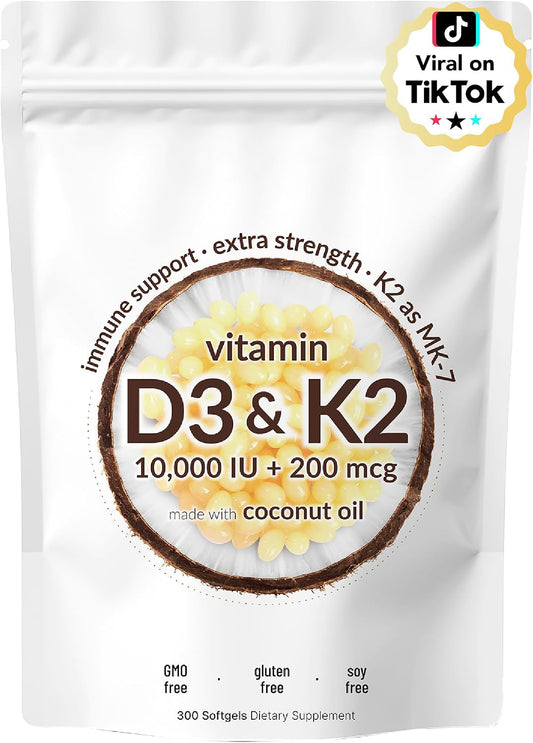Micro Ingredients Vitamin D3 K2 MK-7 10,000 IU Per Serving, 300 Softgels