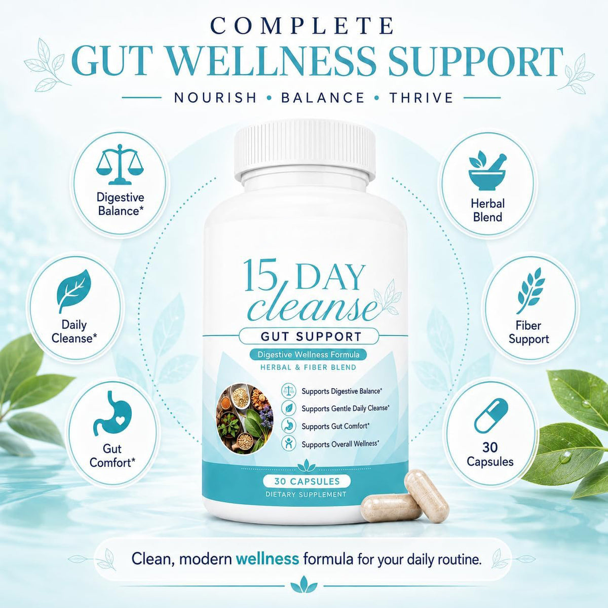 Complete gut wellness support graphic with the cleanse bottle