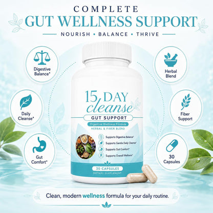 Complete gut wellness support graphic with the cleanse bottle
