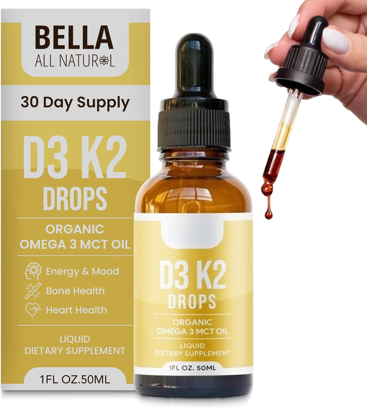 Bella All Natural Vitamin D3 K2 Liquid Drops 5000 IU (Unflavored)