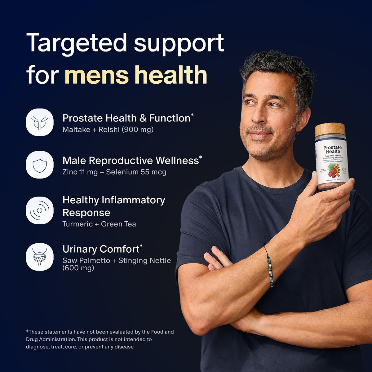 Man holding the prostate health bottle with targeted support icons