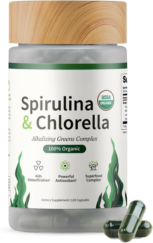 Snap Supplements USDA Organic Spirulina and Chlorella, 120 Vegan Capsules