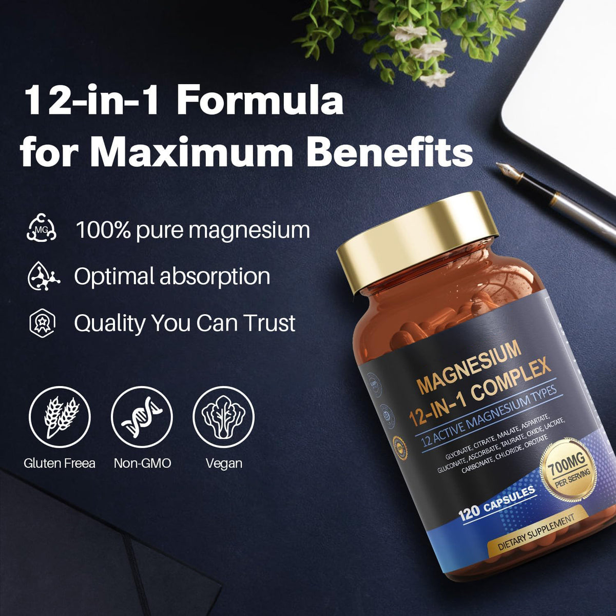 Totaria Magnesium Complex 700mg 12 in 1 Magnesium Supplement with Glycinate Citrate Malate Oxide Taurate Aspartate Orotate Magnesium Relaxation,Muscle,Heart Support, Vegan 120 Capsules