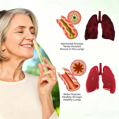 Woman using the herbal inhaler with mullein flowers