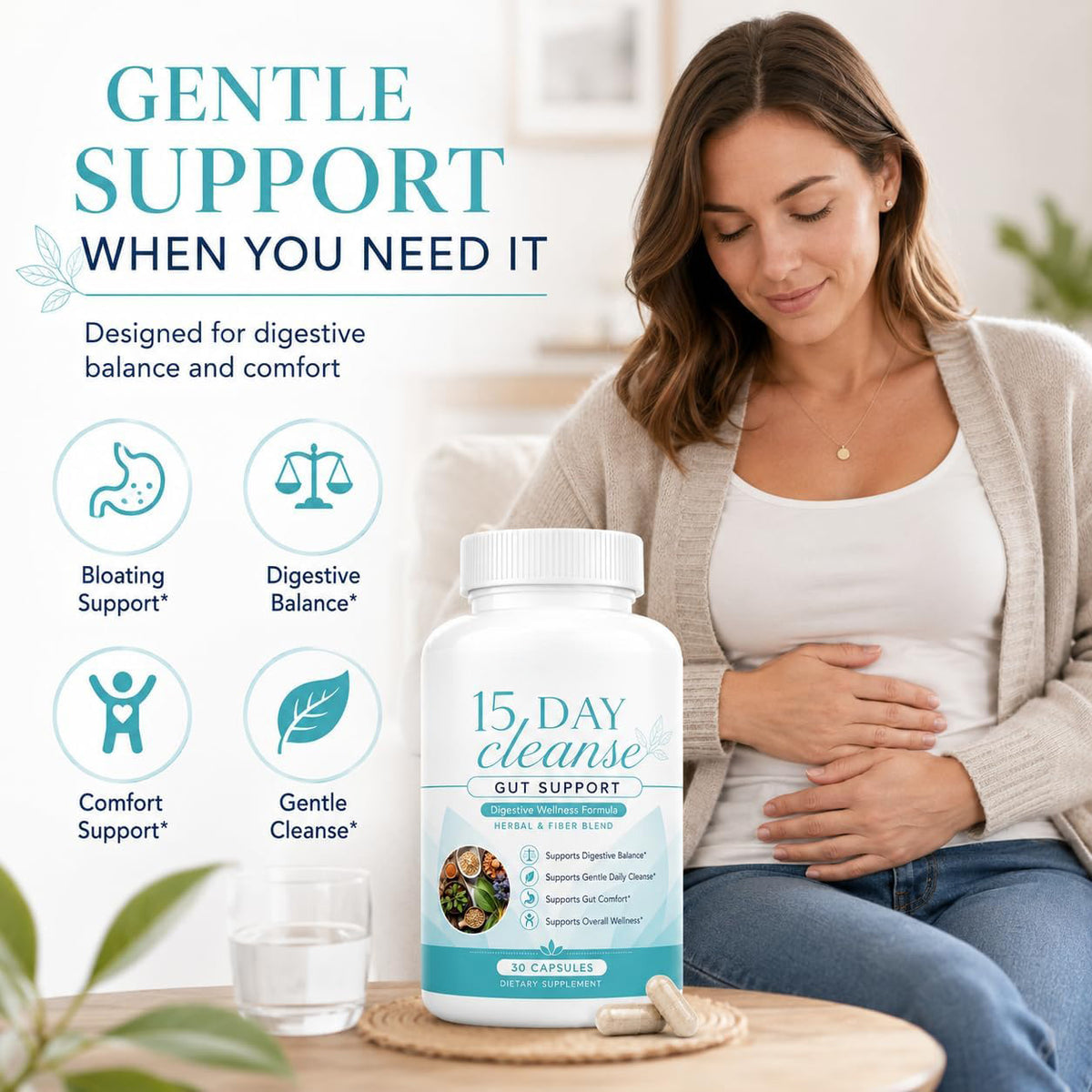Woman holding the cleanse bottle for gentle daily support