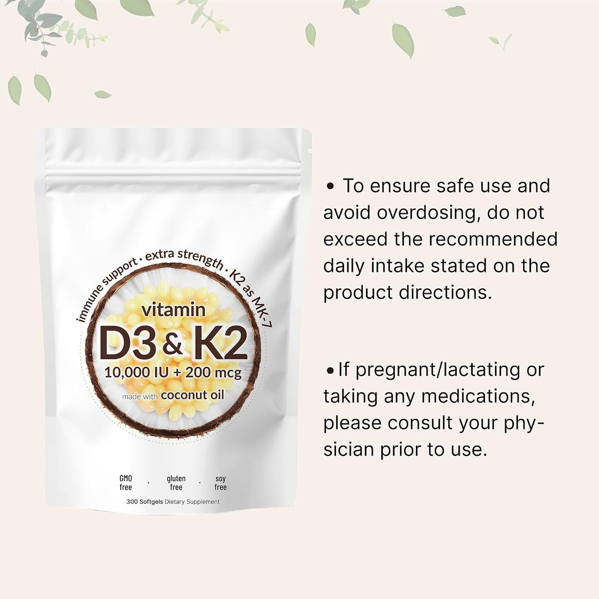 Micro Ingredients Vitamin D3 K2 MK-7 10,000 IU Per Serving, 300 Softgels