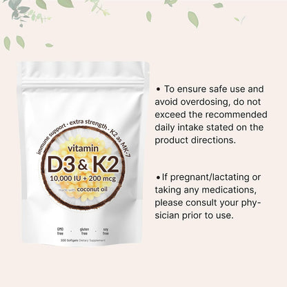 Micro Ingredients Vitamin D3 K2 MK-7 10,000 IU Per Serving, 300 Softgels