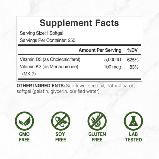 DEAL SUPPLEMENT Vitamin D3 5,000 IU + K2 MK7 Softgels, 250 Count | 2-in-1 Complex | Easy to Swallow