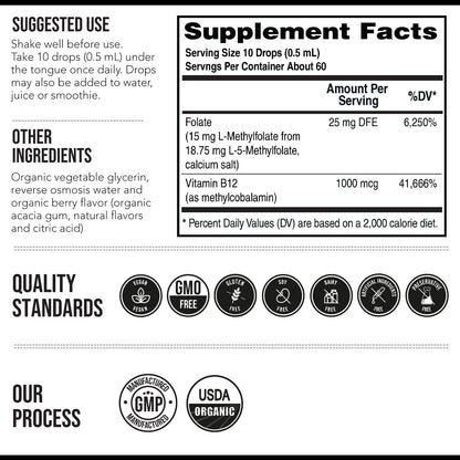 LMethylfolate 15mg Liquid + Methyl B12 Cofactor, High Potency Active 5-MTHF