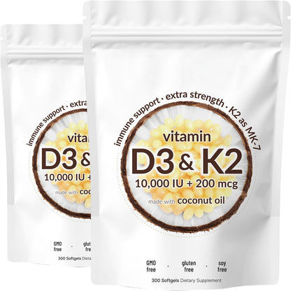 Micro Ingredients Vitamin D3 K2 MK-7 10,000 IU Per Serving, 300 Softgels