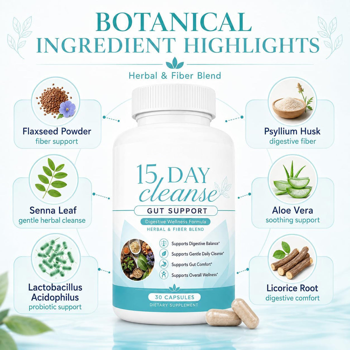 Botanical ingredient highlights including senna leaf, psyllium husk and aloe vera