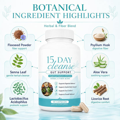 Botanical ingredient highlights including senna leaf, psyllium husk and aloe vera