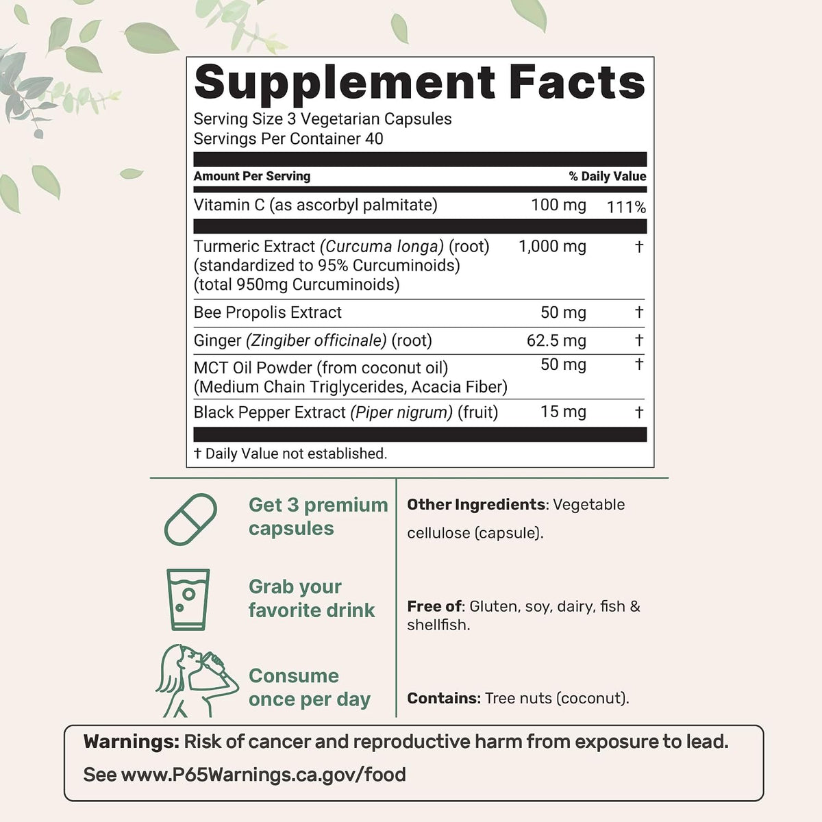 Supplement Facts panel for the turmeric curcumin capsules