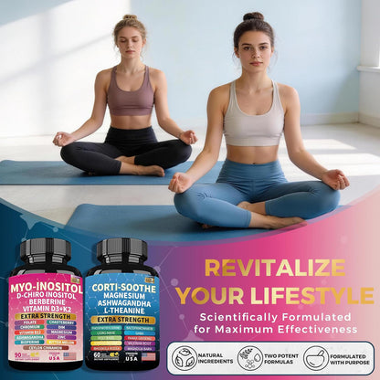 Soothe-Smooth Bundle,Soothe & Smooth Bundle Multivitamin Combo, Cortisol Support Myo-Inositol Multivitamin Combo with Magnesium Glycinate, Ashwagandha, L-Theanine & Herbal Blend - D