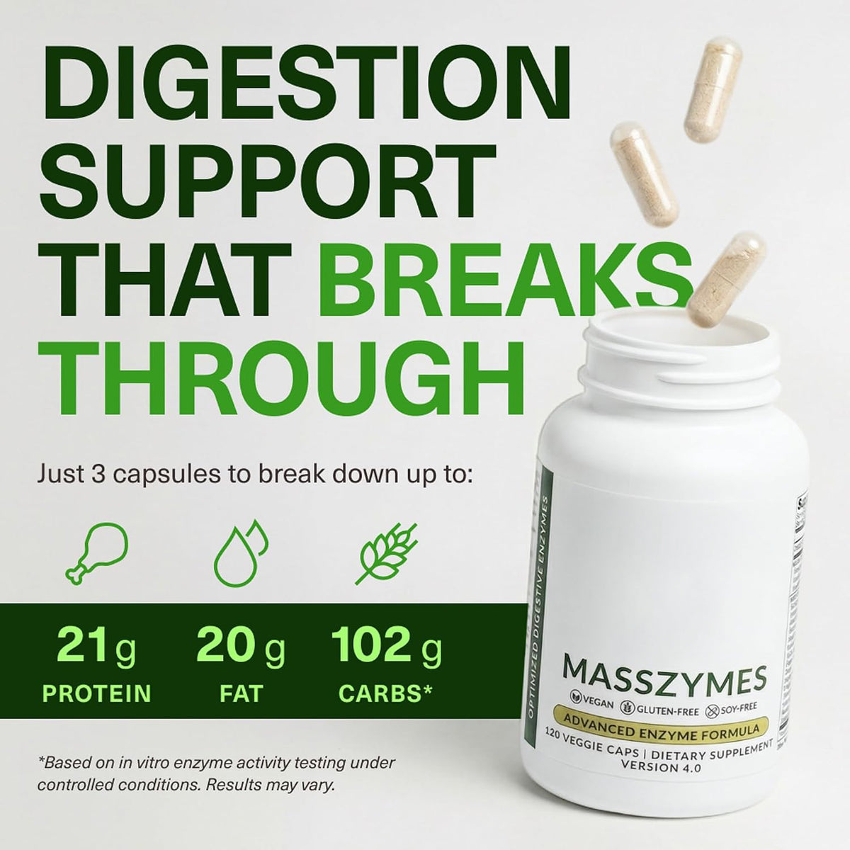 Digestion support graphic showing protein, fat and carbohydrate breakdown