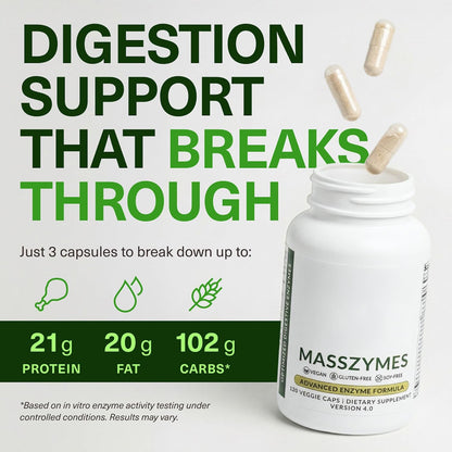 Digestion support graphic showing protein, fat and carbohydrate breakdown