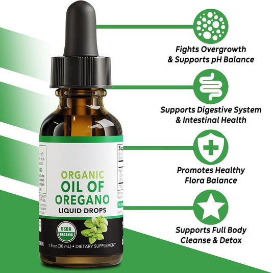 Oregano Oil Organic Liquid Drops - 6 Month Supply Organic Oil of Oregano Drops Liquid Tincture Extract, Cleanse, Detox, Immune Support, Digestive Gut Health - Pure Vegan Non-GMO Herbal Tincture 1 oz