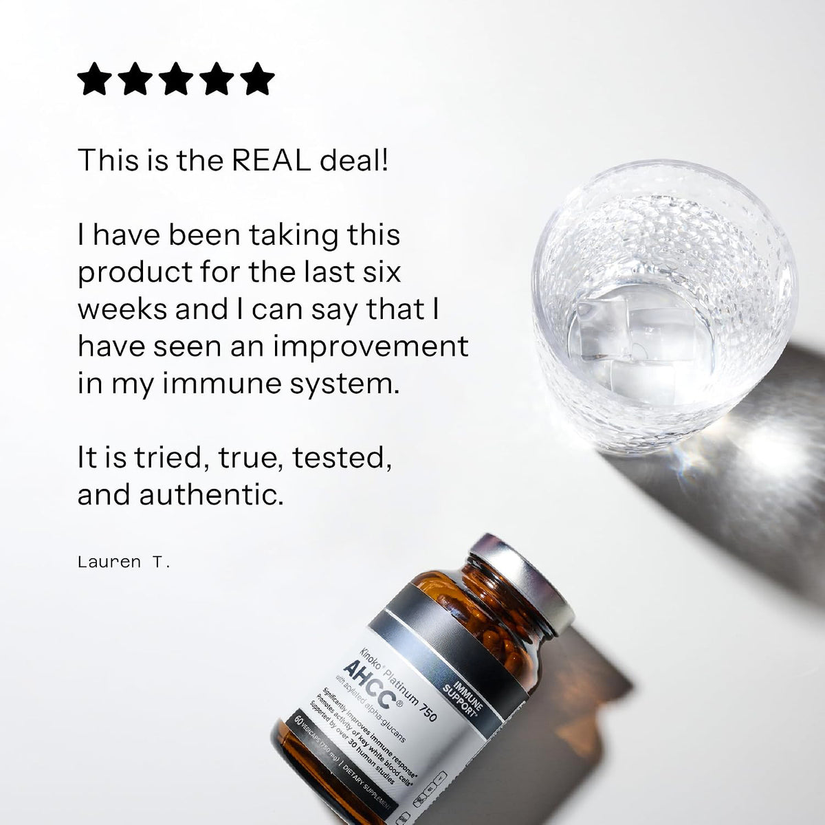 Customer review graphic with the AHCC bottle