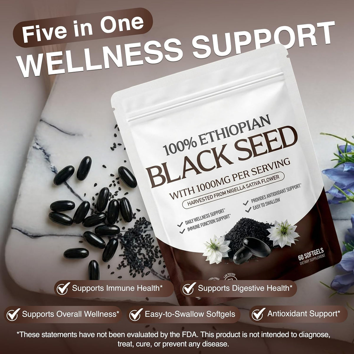 Five-in-one wellness support graphic for black seed softgels