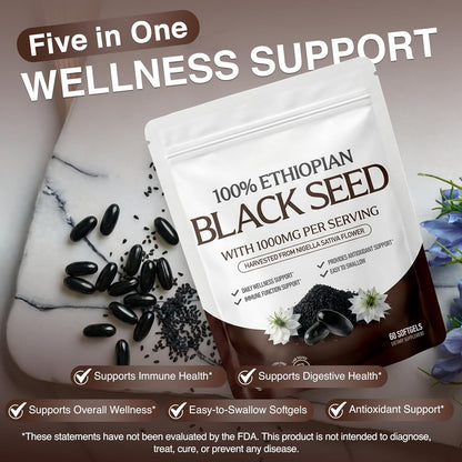 Five-in-one wellness support graphic for black seed softgels