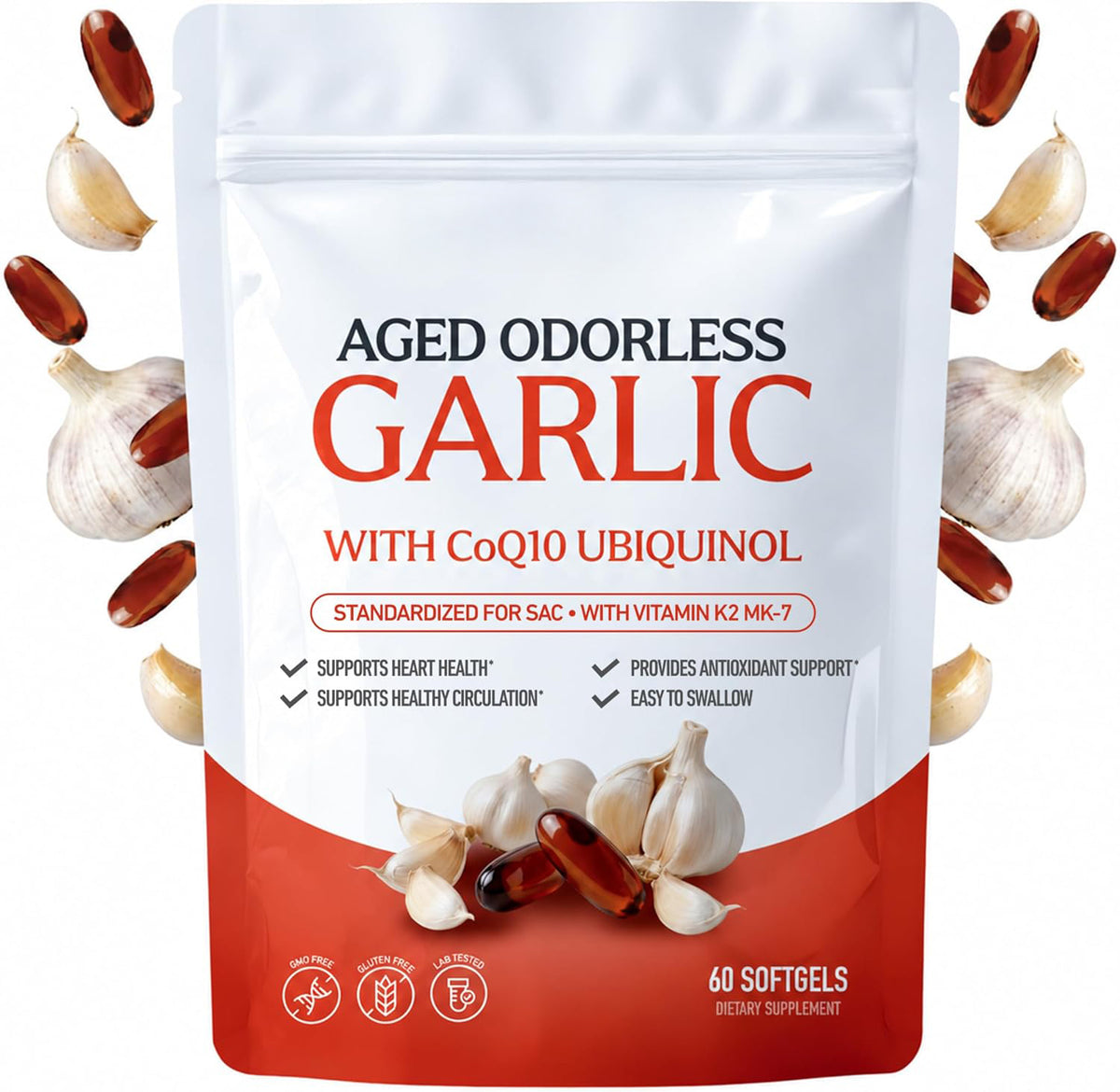 Odorless aged garlic softgels pouch with fresh garlic cloves
