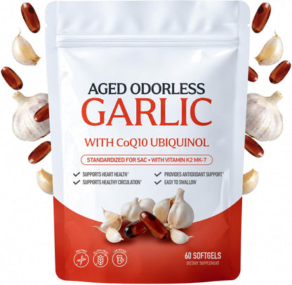 Odorless aged garlic softgels pouch with fresh garlic cloves