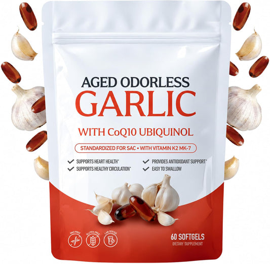 Odorless aged garlic softgels pouch with fresh garlic cloves