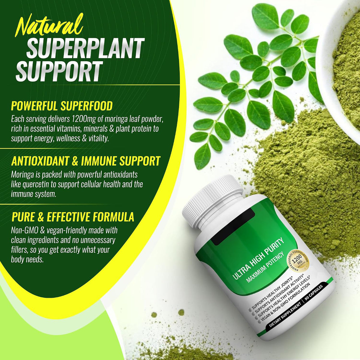 Toplux Moringa Capsules 1200mg – Pure Moringa Powder High Potency Leaf Extract Green Superfood Rich in Antioxidant, for Energy & Immune Support, Vegan Non-GMO 90 Capsules