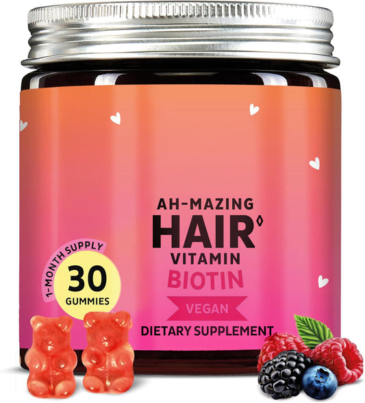 Biotin 5000mcg gummy jar with red gummy bears and berries