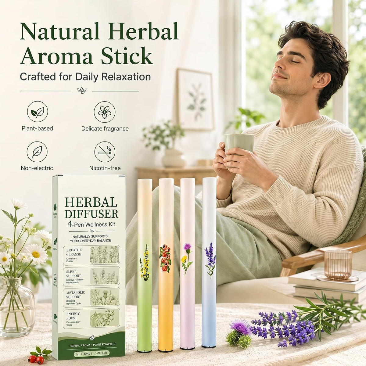 Man using the herbal aroma stick at home