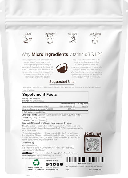 Micro Ingredients Vitamin D3 K2 MK-7 10,000 IU Per Serving, 300 Softgels