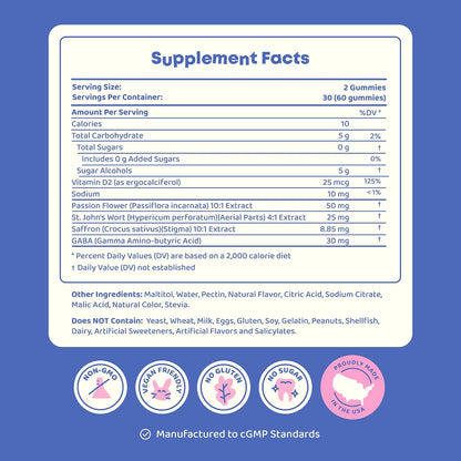 Supplement Facts panel for the kids saffron gummies