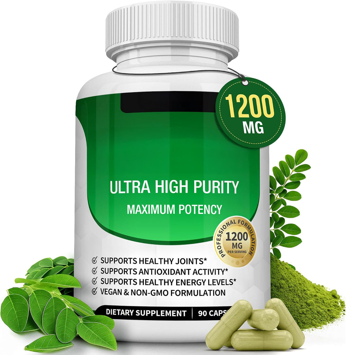 Toplux Moringa Capsules 1200mg – Pure Moringa Powder High Potency Leaf Extract Green Superfood Rich in Antioxidant, for Energy & Immune Support, Vegan Non-GMO 90 Capsules